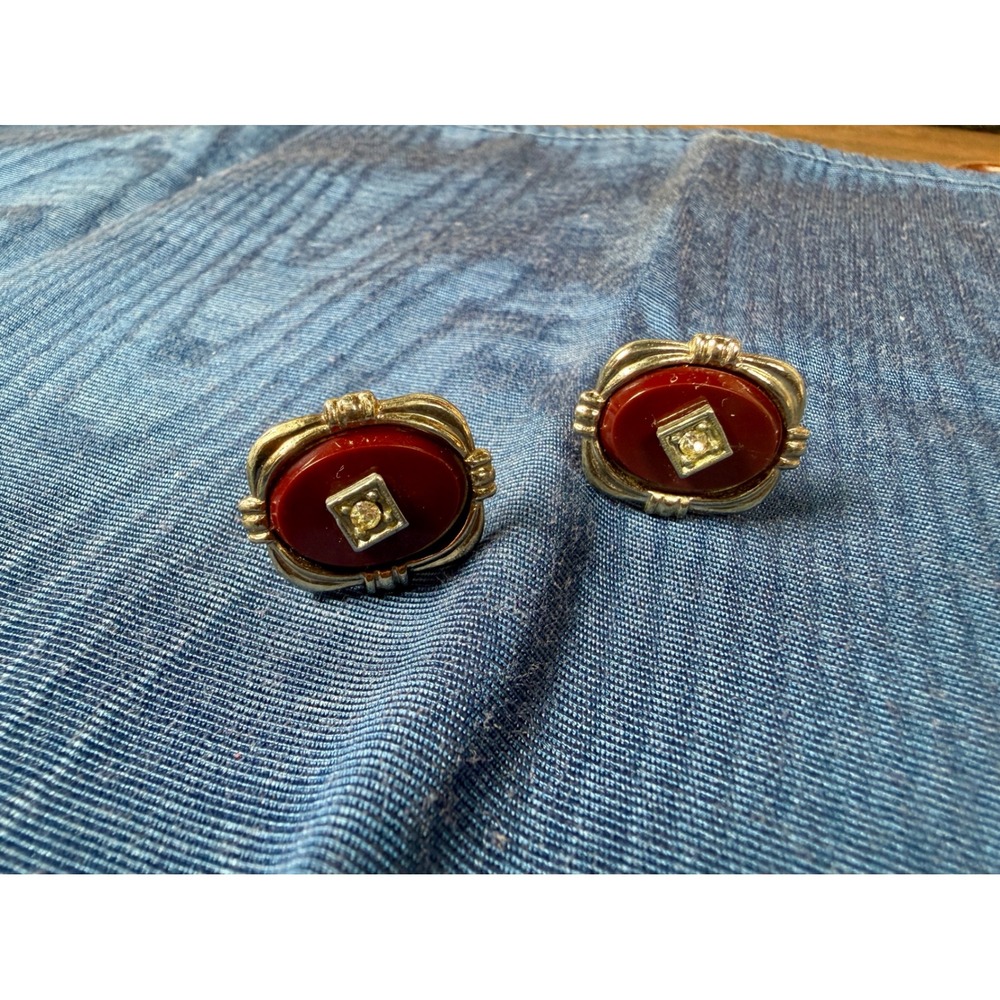 Vintage Silver Tone Red Stone Rhinestone Oval Cufflinks Mens Formal Accessory - Picture 6 of 6